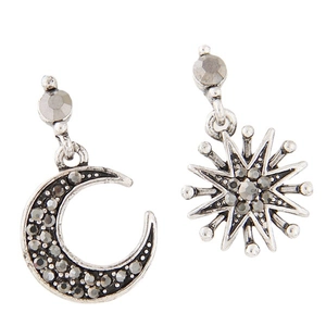 Vintage style asymmetrical moon and star stud earrings with grey rhinestones