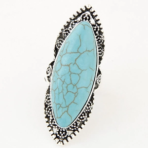 Vintage bohemian marquise turquoise ring with silver filigree and ethnic patterns
