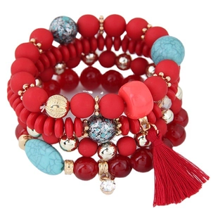 Bohemian multi-layer elastic bracelets with red candy beads and turquoise fringe tassel