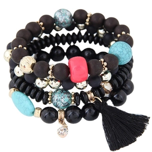 Bohemian multi-layer beaded bracelet with turquoise stones, black beads and silk tassel