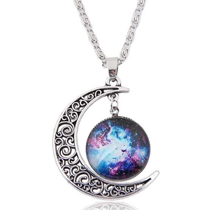 Detailed close-up of hollow silver crescent moon necklace with a galaxy glass gem pendant
