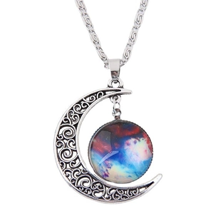 Retro silver hollow crescent moon necklace with blue nebula glass stone pendant