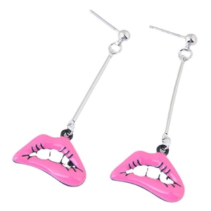 Pink enamel lip earrings with white teeth detail and silver metal dangle link