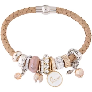 Elegant woven leather bracelet with Love pendant and sparkling crystal beads on white background