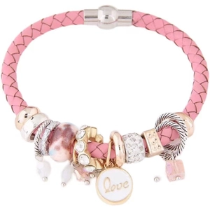 Pink woven leather beaded bracelet with metal magnetic clasp and Love charm