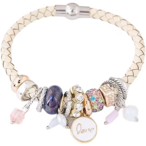Elegant white braided leather charm bracelet with colorful crystal beads and Love pendant