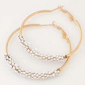 Bohemian gold hoop earrings with white seed bead wrapping details for women
