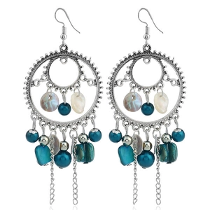 Silver geometric long drop earrings with blue beads and shell charms in boho style