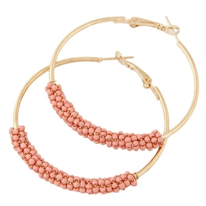 Golden round hoop earrings with pink seed beads wrapping for stylish women jewelry