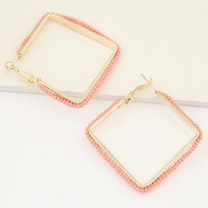 Minimalist square hoop earrings with gold metal frame and pink seed beads for women