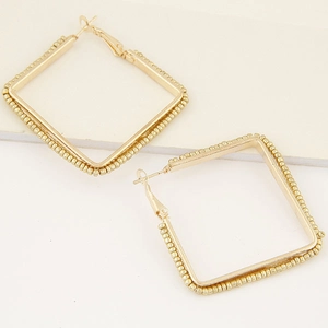 Elegant large gold square hoop earrings with detailed bead textured edges for women