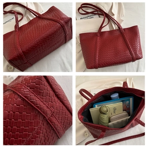 Detailed views of red woven tote bag showing large capacity, texture and craftsmanship