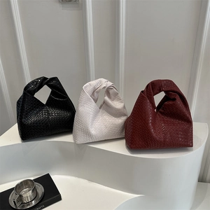 Retro large woven tote bags with knot handles in black, cream, and burgundy colors