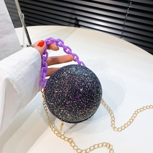 Spherical Sequined Evening Bag For Women Glitter Round Crossbody Bag With Metal Chain Decorative Handle Party Clutch Bag