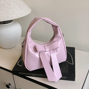 Women Bowknot Decoration Handbag PU Leather Crescent Tote With Metal Chain Strap Sweet Fashion Shoulder Crossbody Bag