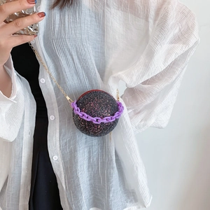 Minimalist spherical evening bag with black purple glitter shell and gold chain strap