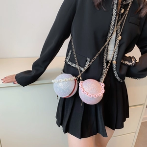 Spherical glitter evening bag with gold chain strap in silver and pink purple colors
