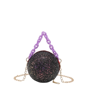 Minimalist spherical evening bag in black glitter with purple resin chain and gold strap