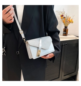 Detail of light blue crossbody bag featuring silver glitter flap and gold twist lock