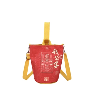 Red fortune money bag canvas bucket bag with yellow straps for 2025 Lunar New Year