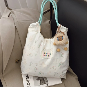 Sac Cabas en Toile Style Coréen pour Femmes Motif Ours Lapin Dessin Animé Imprimé Floral Sac à Main avec Poignée Tissée