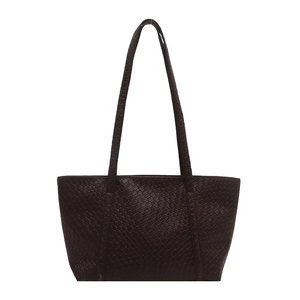 Large dark brown woven tote bag with Intrecciato checkerboard pattern and shoulder straps