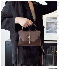 Vue détaillée d'un sac à main vintage marron foncé avec boucle dorée et rabat élégant
