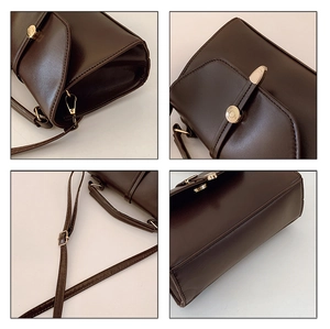 Vues détaillées d'un sac vintage marron avec fermoir doré et cuir mat de qualité