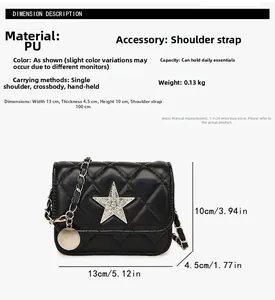 Detailed dimension guide for mini black quilted bag with star rhinestone and chain strap