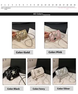Detail showing five colors of quilted mini square bags with rhinestone stars and chains
