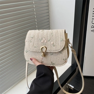 Woven Straw Crossbody Bag Floral Embroidery Small Square Shoulder Bag With Metal Buckle Pastoral Style Casual Handbag