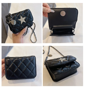 Detailed views of a black quilted crossbody bag with star decor and silver chain strap
