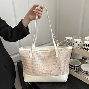 Grote Capaciteit Dames Stro Geweven Tote Tas Contrast PU Leer Schoudertas Casual Zomer Strand Vakantie Handtas Voor Vrouwen