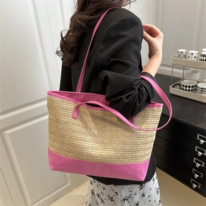 Grote strooien tote tas met felroze bies voor dames, trendy zomerstijl voor 2025