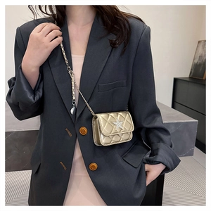Detail of a mini gold crossbody bag featuring star rhinestone and quilted pattern