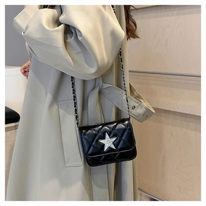 Detail of black quilted leather crossbody bag featuring a silver rhinestone star and chain