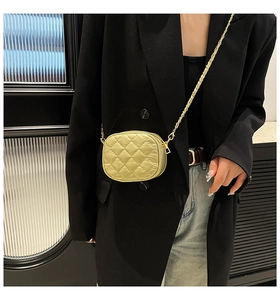 Close-up of quilted embroidery texture and golden chain strap on a small camera bag