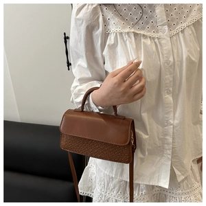 Detail of a brown snakeskin texture handbag with gold hardware held by a model