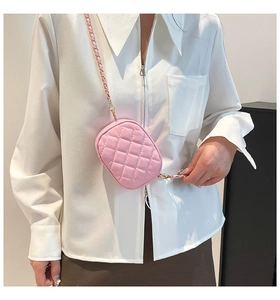 Detail of pink quilted mini round crossbody bag with metal chain strap on model