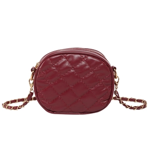 Elegant wine red quilted leather round crossbody bag with golden chain strap for women