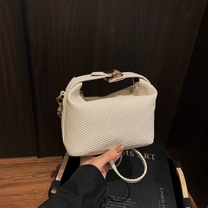 Women PU Leather Handbag Woven Texture Small Crossbody Bag Fashion Solid Color Shoulder Bag With Lock Closure Urban Simple Bag
