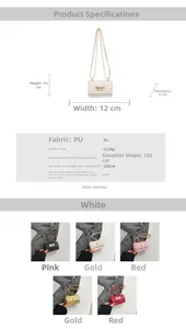 Detailed size chart and parameter guide for the quilted chain shoulder bag in five colors