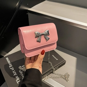 Women Mini PU Leather Bowknot Crossbody Bag Fashion Silver Chain Small Square Shoulder Bag Daily Party Trendy Purse