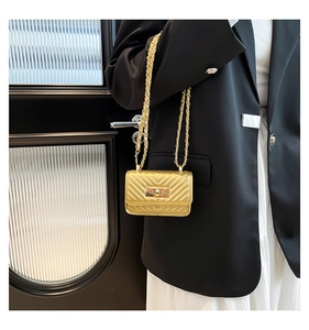 Detail of gold chain strap and V-quilted texture on the mini flap bag with metal clasp