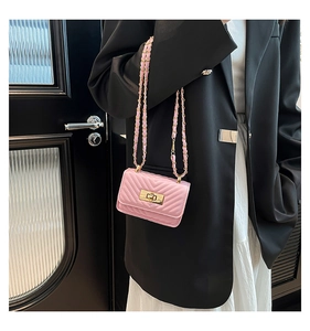 Close-up of pink quilted mini bag with golden rectangle twist lock and chain strap