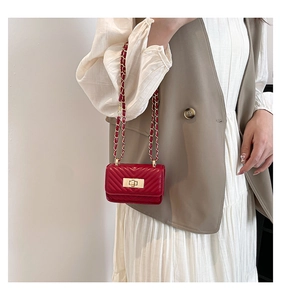Close-up of a mini red quilted chain bag with gold hardware worn by a model