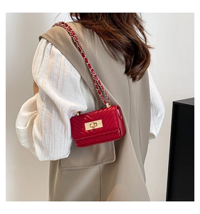 Detailed view of red quilted flap bag with gold chain strap worn by a model