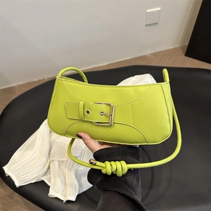 Fashion Women PU Leather Underarm Baguette Bag Metal Belt Buckle Knot Strap Minimalist Solid Color Shoulder Bag Small Handbag
