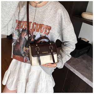 Retro two-tone crossbody bag with gold hardware and top handle for casual style