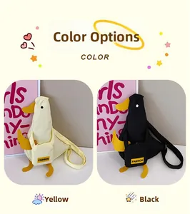 Detail view of cute duck canvas crossbody bag in yellow and black colors with fashion label